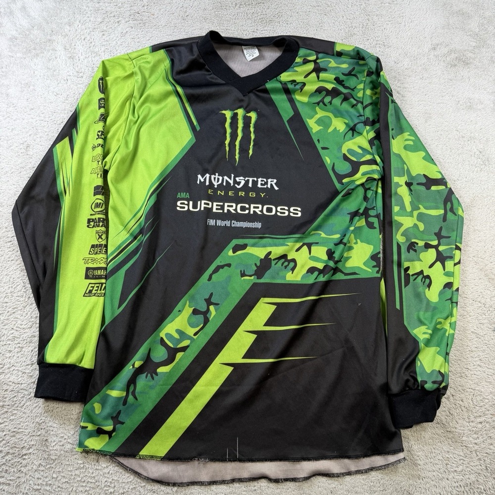 Monster Energy Jersey Mens Medium Black Green Motocross Y2K Long Sleeve Camo